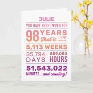 You Have Been Loved 98 Years, Custom Name Birthday Card