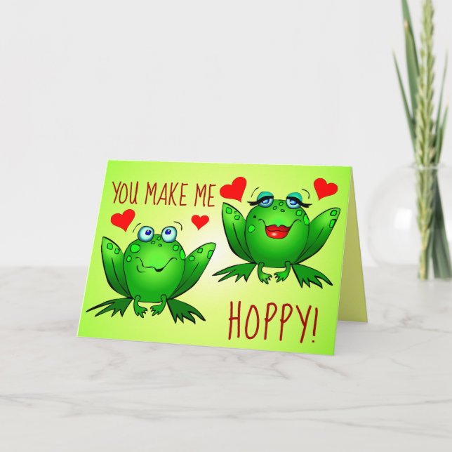You Make Me Hoppy Cute Cartoon Frogs Hearts Card (Front)
