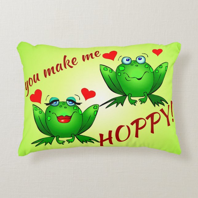 You Make Me Hoppy Cute Cheerful Fun Green Frogs Decorative Cushion (Front)