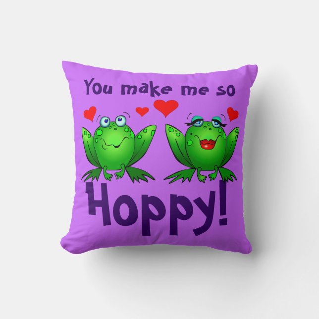 You Make Me So Hoppy Cartoon Frogs Red Hearts Cushion (Front)