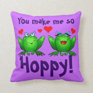 You Make Me So Hoppy Cartoon Frogs Red Hearts Cushion