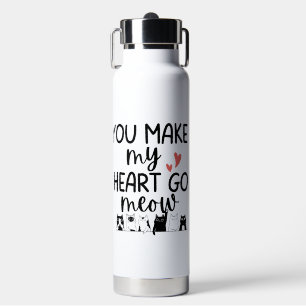 'You Make My Heart Go Meow' Cat Lovers Playful Water Bottle