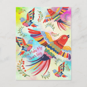 You Make My Heart Sing Folk Art Birds Tie Dye Postcard