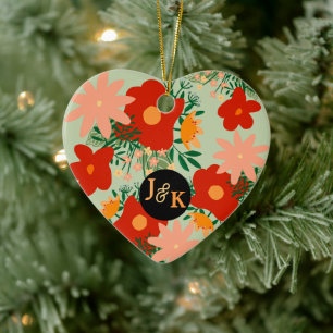You & Me romance Red flower heart Ceramic Ornament