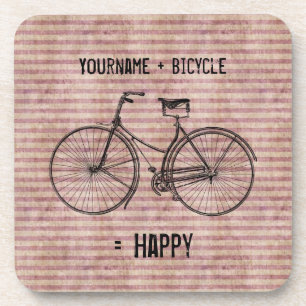 You Plus Bicycle Equals Happy Antique Bike Pink Coaster