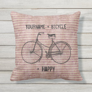 You Plus Bicycle Equals Happy Antique Bike Pink Outdoor Cushion