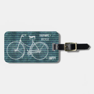 You Plus Bicycle Equals Happy Antique Blue Green Luggage Tag