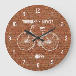 You Plus Bicycle Equals Happy Antique Red Bricks Large Clock