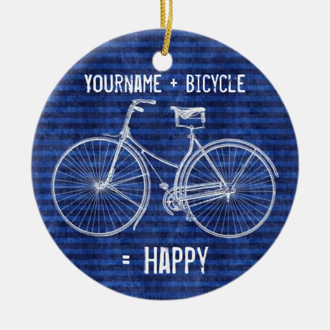 You Plus Bicycle Equals Happy Antique Stripes Blue Ceramic Ornament (Front)