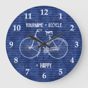 You Plus Bicycle Equals Happy Antique Stripes Blue Large Clock