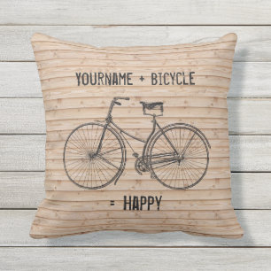 You Plus Bicycle Equals Happy Antique Wood Beige Outdoor Cushion