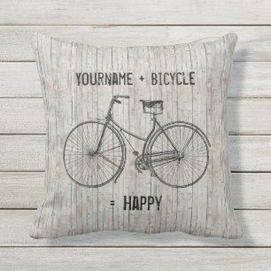 You Plus Bicycle Equals Happy Antique Wooden Plank Outdoor Cushion