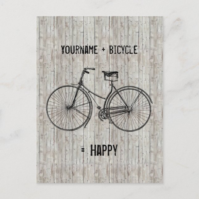 You Plus Bicycle Equals Happy Antique Wooden Plank Postcard (Front)