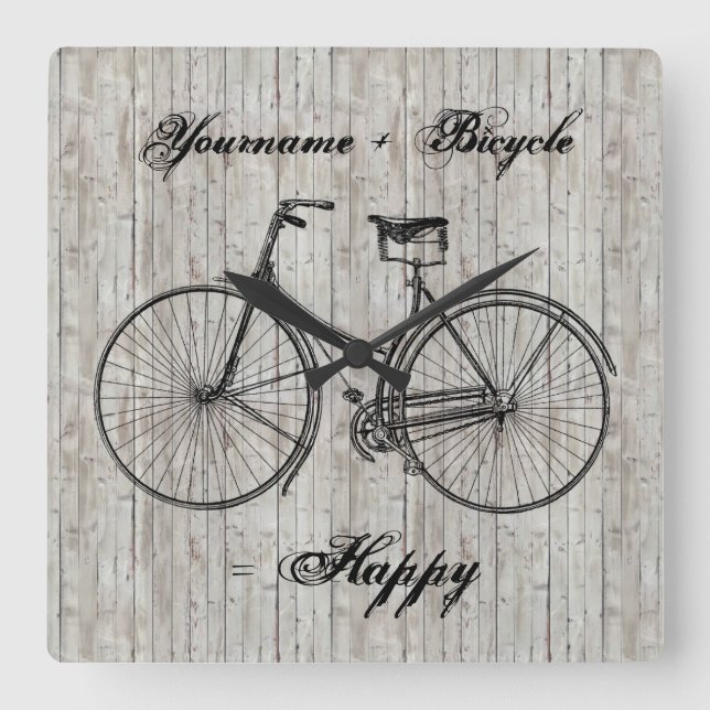 You Plus Bicycle Equals Happy Antique Wooden Plank Square Wall Clock (Front)