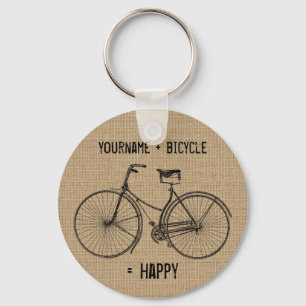 You Plus Bicycle Equals Happy Natural Burlap Sack Key Ring