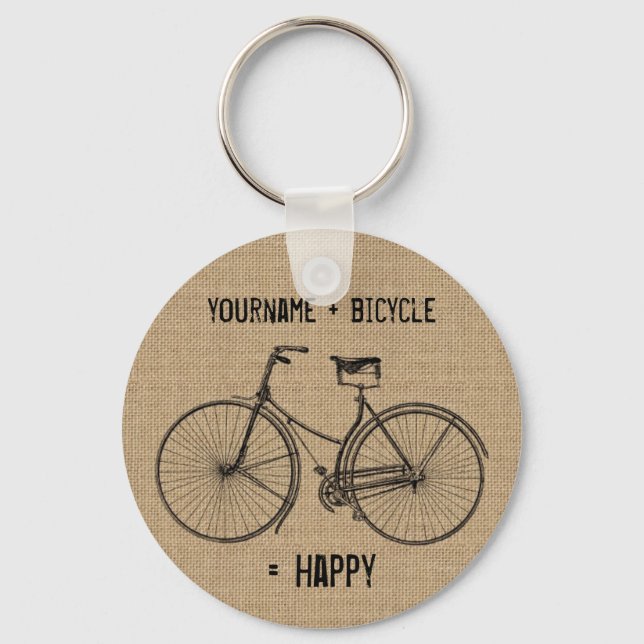 You Plus Bicycle Equals Happy Natural Burlap Sack Key Ring (Front)