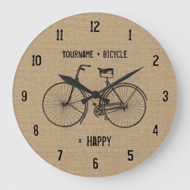 You Plus Bicycle Equals Happy Natural Burlap Sack Large Clock (Front)