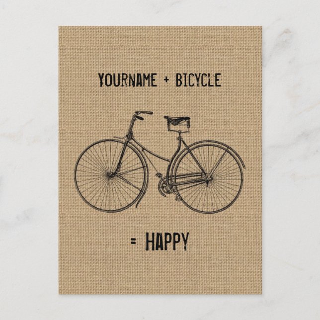 You Plus Bicycle Equals Happy Natural Burlap Sack Postcard (Front)
