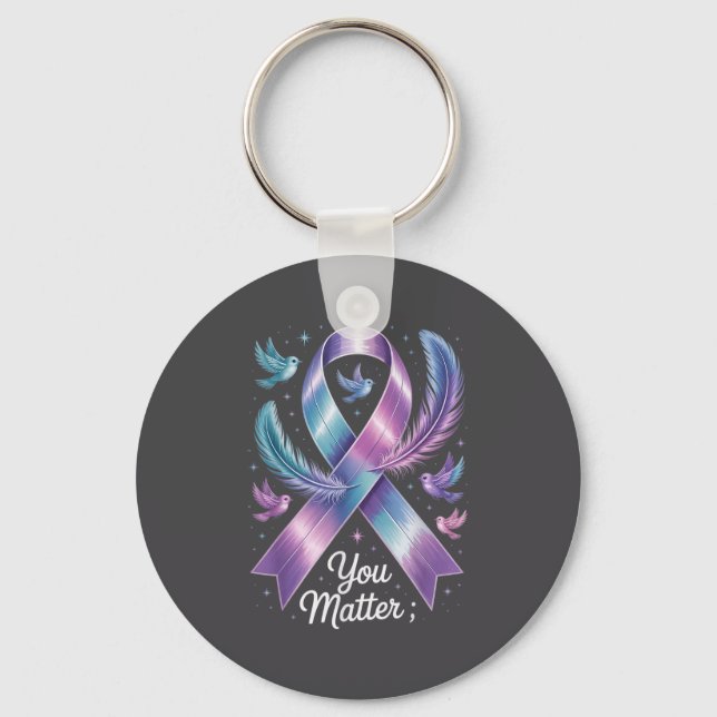 You Teal &amp; Purple Ribbon Suicide Prevention Aw Key Ring (Front)