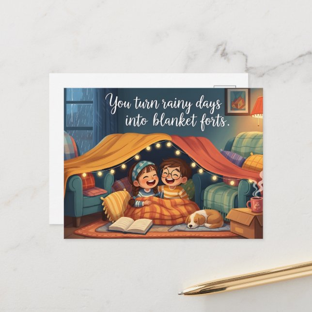 "You Turn Rainy Days into Blanket Forts" Cozy Kids Postcard (Front/Back In Situ)