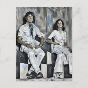 Young 1970s Woman and Man posing Fashion art Postcard