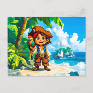 Young Adventurer on Treasure Island with a Parrot Postcard
