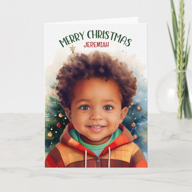 Young African American Boy with Name Christmas Holiday Card (Front)