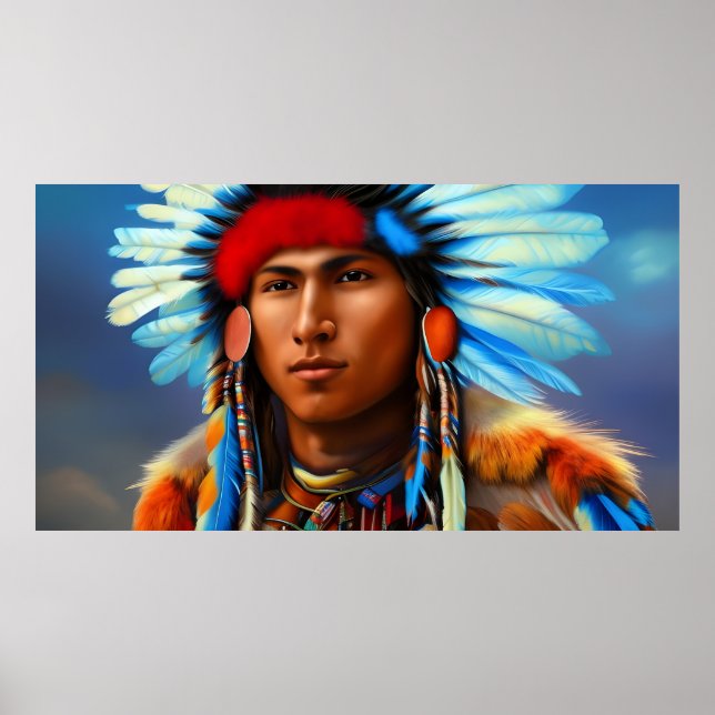 Young American Indian Man with feathers blue Poster (Front)