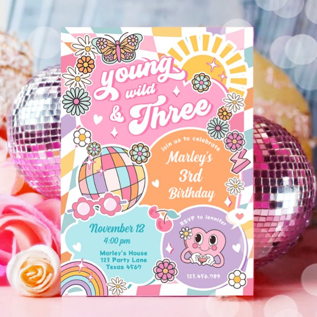Young and Three Girl Retro Preppy Varsity Birthday Invitation (Creator Uploaded)