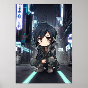 Young Anime Boy Chibi Cyberpunk Style Poster