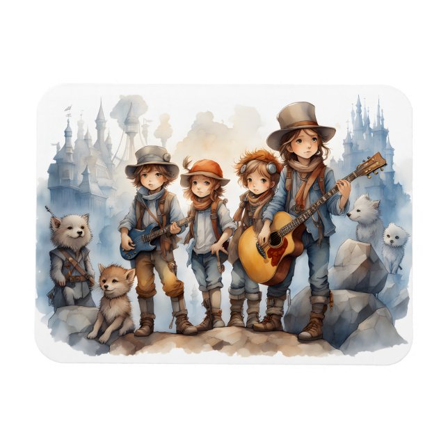 Young Band Playing Guitars Watercolor Paint Fridge Magnet (Horizontal)