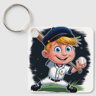 Young Baseball Player Cartoon Key Ring