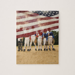 Young baseball players partially hidden by jigsaw puzzle