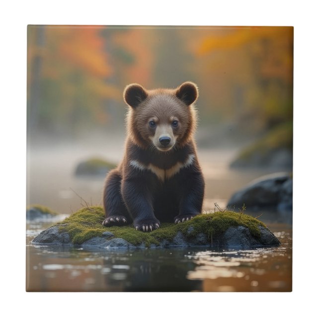 Young Bear in Autumn Ceramic Tile (Front)