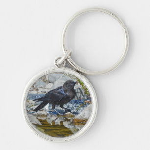 Young Black Raven Reflected in Pool Key Ring