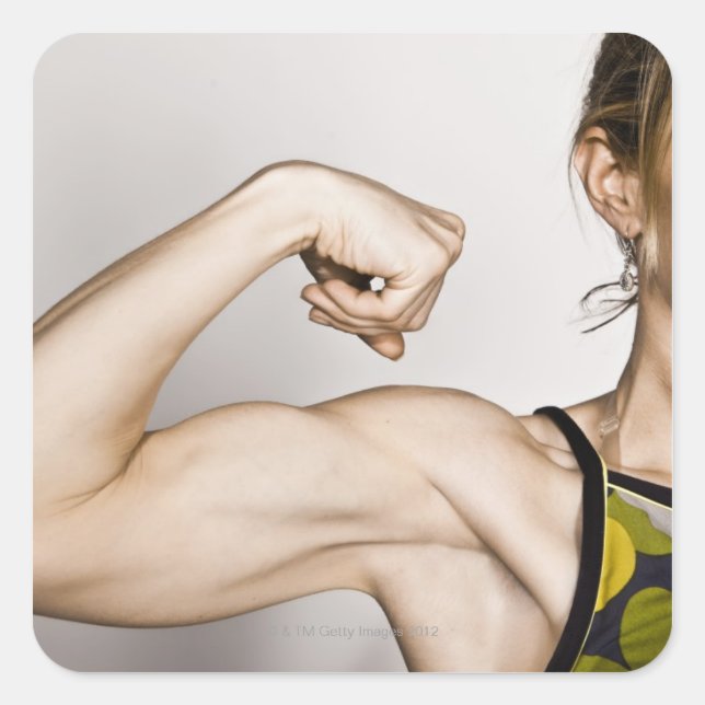 Young blonde female flexes bicep muscle while square sticker (Front)