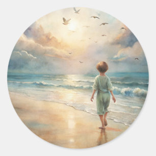 Young Boy on Beach Classic Round Sticker