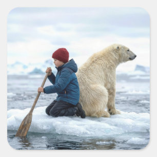 Young Boy on Ice Rescuing a Polar Bear Square Sticker