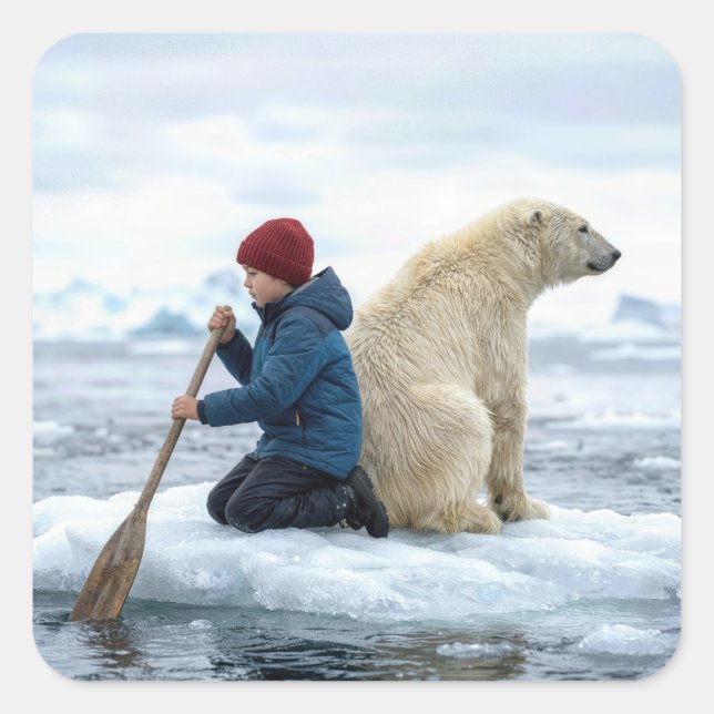 Young Boy on Ice Rescuing a Polar Bear Square Sticker (Front)