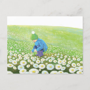 Young Boy Picking Daisies on a Hill Illustration Holiday Postcard