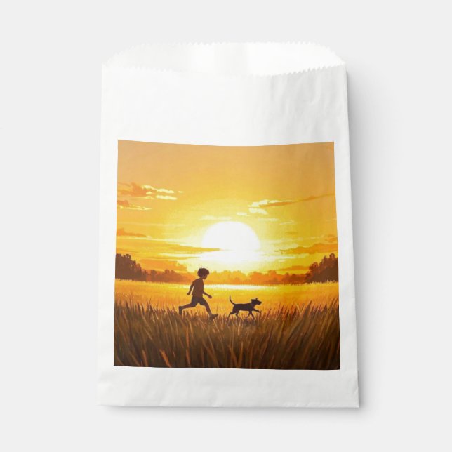Young boy running with dog at sunset favour bag (Front)