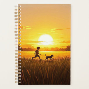 Young boy running with dog at sunset planner