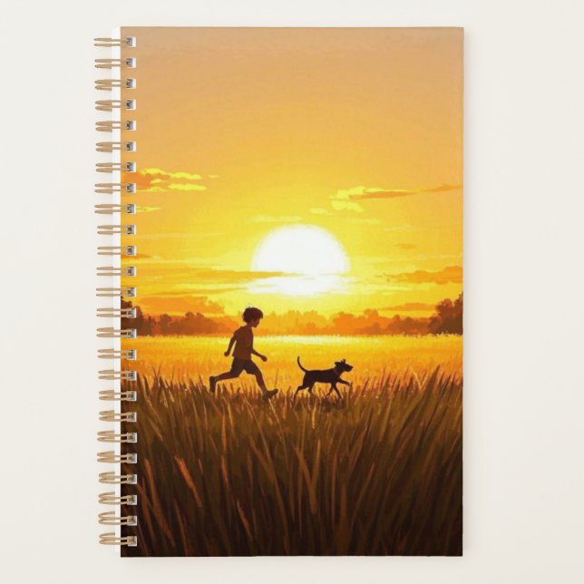 Young boy running with dog at sunset planner (Front)