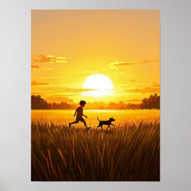 Young boy running with dog at sunset poster (Front)