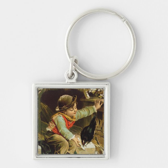 Young Boy with Birds in the Snow Key Ring (Front)