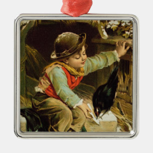 Young Boy with Birds in the Snow Metal Ornament