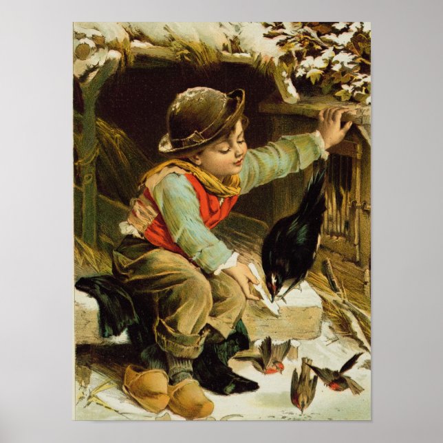 Young Boy with Birds in the Snow Poster (Front)