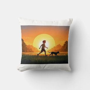 Young Boy with dog at sunset  Cushion