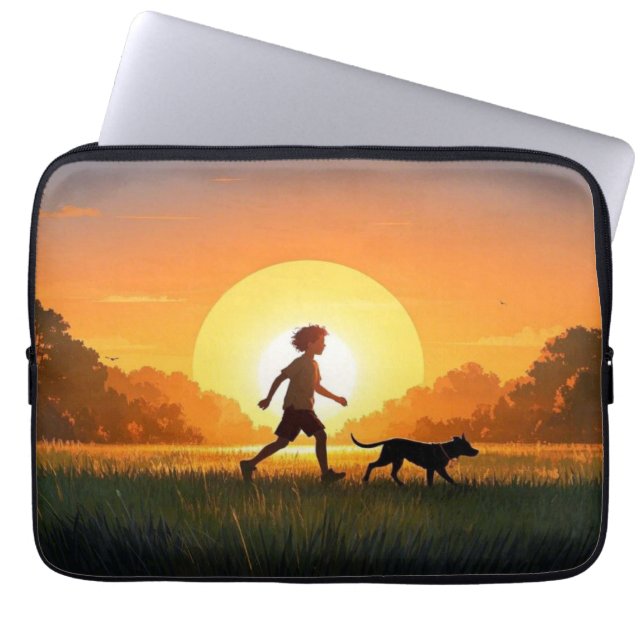 Young Boy with dog at sunset  Laptop Sleeve (Front)