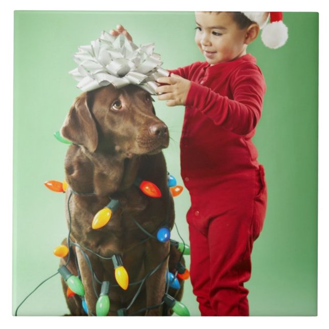Young boy wrapping Christmas lights around a dog Ceramic Tile (Front)